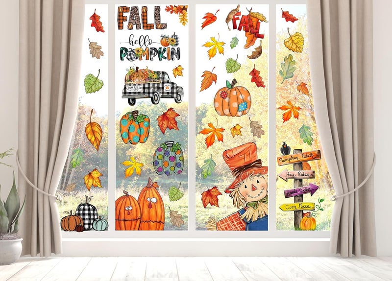 HRENCY Fall Window Clings Decorations for Glass Fall Watercolor Pumpkin Maple Leaves Scarecrow Truck Window Stickers for Autumn Thanksgiving Harvest Party Home Window Decals Decor - Image 4